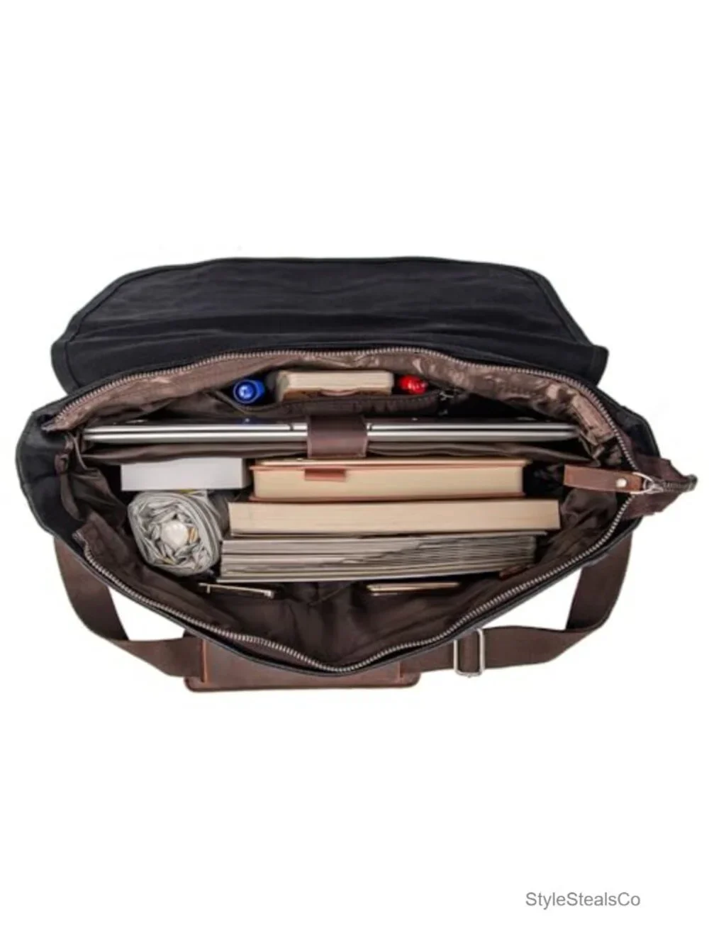 Vintage Genuine Leather Waxed Canvas Laptop Messenger Bag with Padded Sleeve